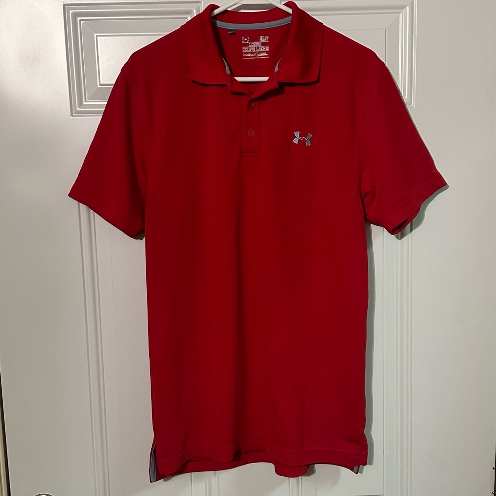 Under Amour Polo Shirt Men’s Small Solid Red Loose Heatgear Polyester Dri-Fit